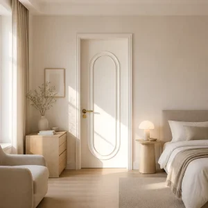 Puerta Madera Compuesta Lacada Blanco con Panel Oval Dorado, Impermeable, Dormitorio Villa, Slab Door