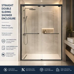 Rectangular Double Sliding Glass Shower Door, 8mm Tempered Transparent Glass, Stainless Steel, Hotel and Villa Bathrooms