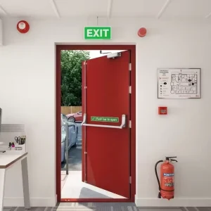 Red Steel Fire Exit Door with Panic Push Bar, Single Leaf, for Commercial Premises