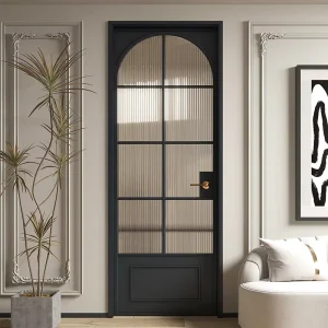Reeded Glass Aluminum Swing Door Retro Narrow Frame Tempered Safety Glass Bathroom Partition Door with Lock and Handle