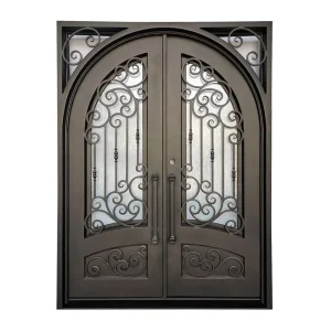 Residential Arched Exterior Front Entry Door Villa House Tempered Rain Glass Iron Main Entrance Door