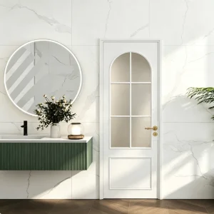 Residential Arched Swing Room Door with Decorative Glass and Metal Frame, Noise Reduction, for Villa Ensuite Bathroom