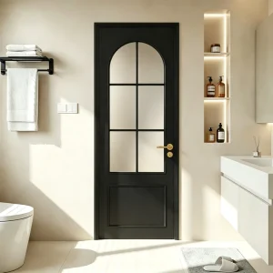 Retro Arched Swing Partition Door with Textured Privacy Glass and Alloy Frame, Soundproof, for Duplex House Bathroom or Kitchen