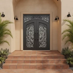 Retro Curved Double-Leaf Wrought Iron Entrance Door with Square Top Windows