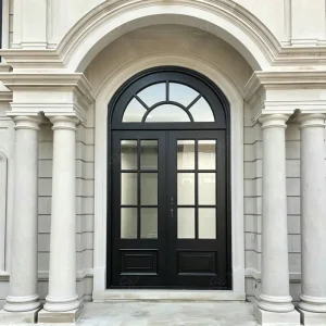 Retro Villa Main Entry Door with Rustic Arch, Decorative Grille and Double Wrought Iron