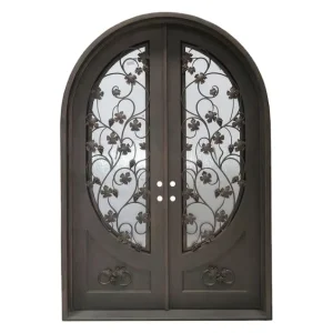 Round-Top Wrought Iron Steel Double Entrance Security Door, NFRC Metal Front Door for House and Villa