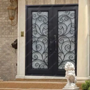 Rustic Arch Double Wrought Iron Entrance Door with Decorative Grille for Villas