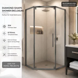 SS304 Black Frame Diamond Shape Single Sliding Door Luxury Design Custom Size Nano Easy Clean Villa Hotel Shower Enclosure