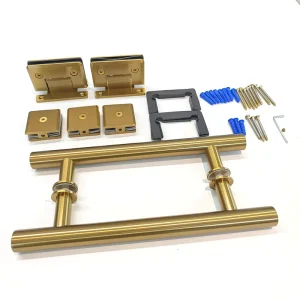 Satin Gold Brass Modern Shower Hinge Glass Clip Pull Handle Door Hardware Combo Kit for Apartment and Hotel Use