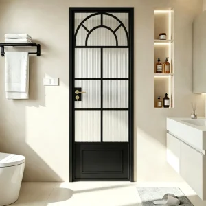 Scandinavian Arched Swing Room Door Textured Privacy Glass Slim Alloy Frame Easy Clean for New Home Bathroom Decoration