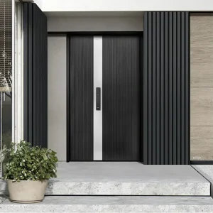Security Single-Entry Aluminum Alloy Exterior Entrance Door, Black, Fire-Resistant, for Villas
