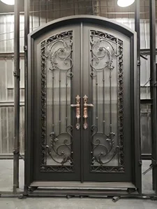 Security Wrought Iron and Glass Double Swing Entry Door for Villa or Outdoor Use