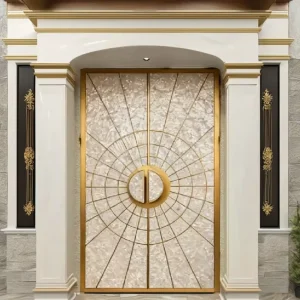 Shell Gate Villa Entrance Door with White Sliding Handle and Diamond Design