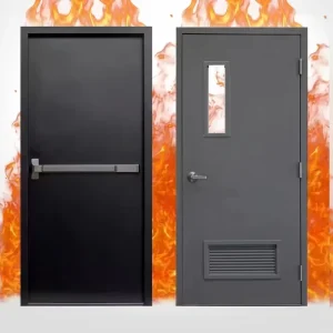 Single Leaf Steel Fire Door with Panic Bar and Observation Window Insulated Fire-Rated Emergency Exit Security Door