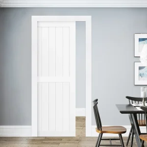 Single Open Solid Wood Panel Sliding Pocket Door With Stainless Steel Rollers