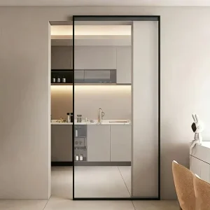 Single Sliding Aluminum-Framed Glass Ghost Door with Hidden Track for Living Room, Kitchen, and Bathroom