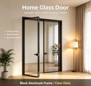 Slim Black Aluminum Alloy Pivot Swing Door with Reeded Tempered Glass for Residential Interiors