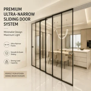 Slim-Frame Kitchen Door with Tempered Glass Sliding Partition for Modern Residential Interiors, Outdoor, or Wine Cellar Use