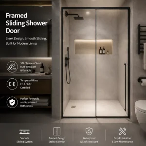 Slim Inline Sliding Glass Shower Door, Stainless Steel Frame, Wet/Dry Separation