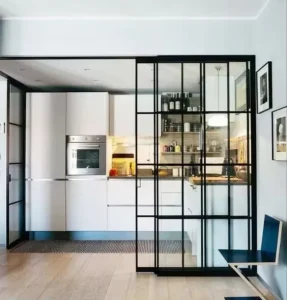 Soft Closing Fire Prevention Aluminum Alloy Frame Glass Sliding Door for Kitchen Divider
