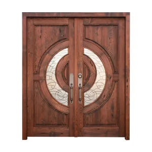 Solid Wood Double Entrance Doors with Original Wood Grain and Crafts Glass for Villas, Hotels, and Palaces