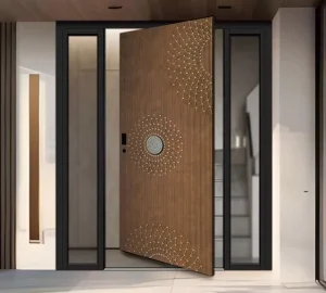 Solid Wood Exterior Entry Door with Glass Panel and Iron Grill