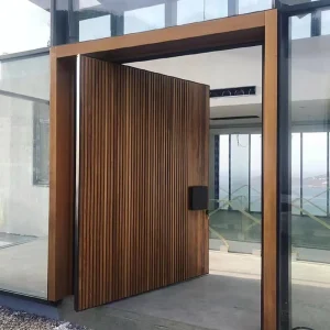 Solid Wood Pivot Front Door Fire-Resistant Minimalist Design Customizable for Commercial Exterior and School Use