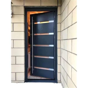 Solid Wood Swing Front Door with Vertical Striped Glass Grille for Outdoor Villa, Hotel, or Residential Entry