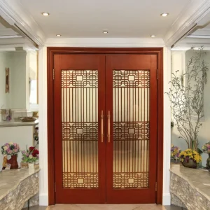 Solid Wood and Glass Double Door, Chinese Style Interior Wooden Door for Villa, Hotel, and Residence Entryways