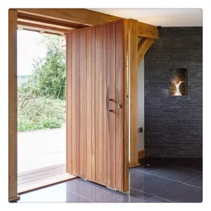 Solid wood double pivot entrance door for villas