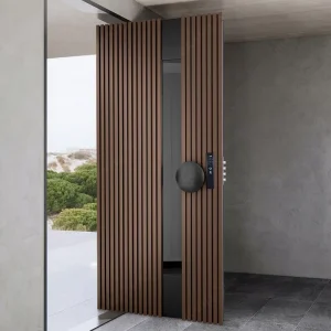 Sound Insulated Walnut Look Pivot Entry Door with Electronic Smart Lock Aluminum Exterior Door for Houses
