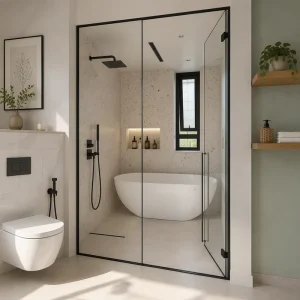 Square Brushed Hinge Pivot Shower Doors Aluminium Frame 10mm Clear Tempered Glass Outward Opening Factory