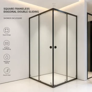 Square Frame Corner Sliding Shower Enclosure Stainless Steel Top Track 8mm Tempered Glass Double Sliding Doors No Bottom Track