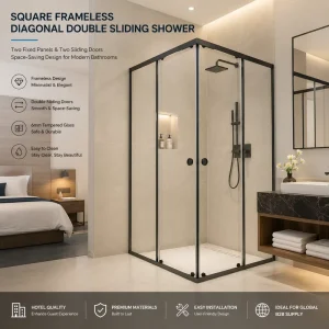 Square Frame Shower Enclosure Stainless Steel Top Track 8mm Tempered Glass Double Sliding Doors No Bottom Track Modern