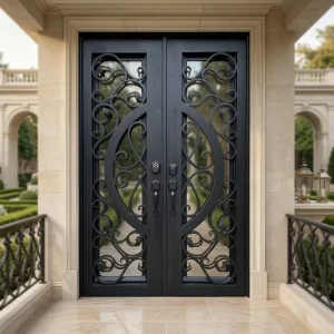 Square Top Wrought Iron Steel Interior Double Doors for Villa Main Entrance