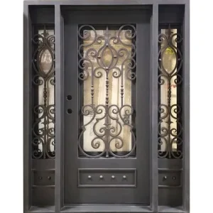 Square-Top Wrought Iron Steel Single Entrance Door with Side Windows, Metal Front Security Door for Villa