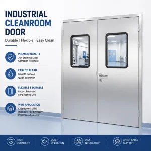 Stainless Steel Double Swing Cleanroom Door 304SS 0.8mm Panel E-Type Hinge 50mm Thick Sound Insulation