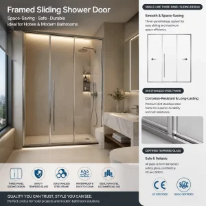 Stainless Steel Frame Sliding Shower Door Single-Line Three-Panel Linked Design Space-Saving