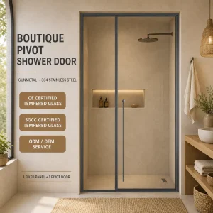 Stainless Steel Framed Pivot Shower Door with Single Fixed Panel Space Saving Design