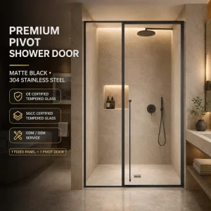 Stainless Steel Framed Shower Door with One Fixed and One Pivot Panel Linear Design