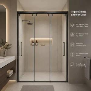 Stainless Steel Framed Sliding Shower Door Single-line Three-panel Linkage Design Modern Style Glass Bathroom For Hotel