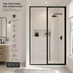 Stainless Steel Fully Framed Folding Shower Door With 1 Fixed Panel And 1 Swing Door, 8mm Tempered Glass For Bathroom, Hotel, Or Villa