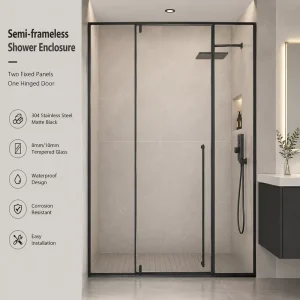 Stainless Steel Semi-Framed Pivot Shower Enclosure With 8mm Tempered Glass, Two Fixed Panels And Central Swing Door, Waterproof