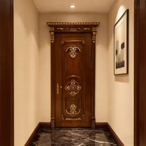 Standard Carved Wooden Interior Door Solid Wood Red Walnut and Okoume Painted Gold Color Tracing