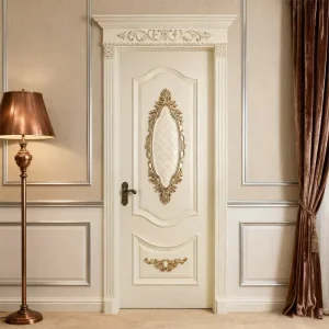 Standard Size Carved Wooden Interior Door Solid Wood Red Walnut and Okoume White Finish