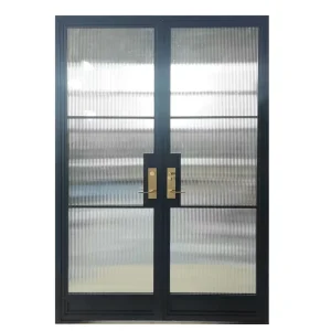 Steel Black Frame Double Glass Swing French Door with Reeded Glass
