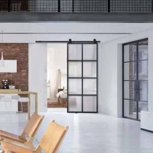 Steel Glass Sliding Barn Door Modern French Door Paneled Frosted Glass Carbon Steel Frame for Closet and Kitchen