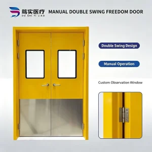 Steel Hospital Barrier-Free Double Leaf Door with Window and Stainless Steel Kick Plate