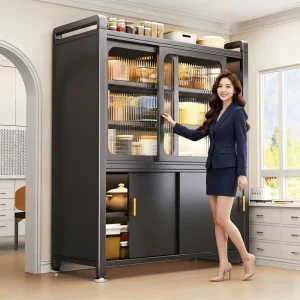 Steel Kitchen Tableware Storage Cabinet with Sliding Door, Large Capacity, Dustproof