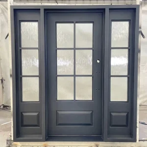 Steel Security Entry Door with Swing Opening, French Glass, and Galvanized Finish for Churches and Hotels